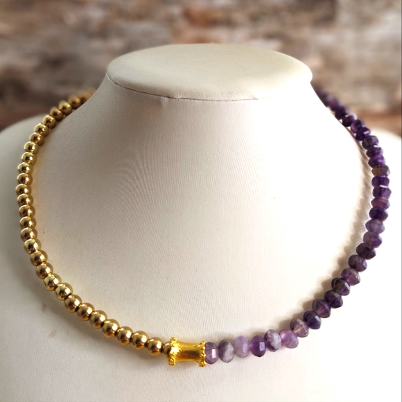 Natural Purple Amethyst Beads With Gold Beads In Half And Half Choker/Necklace - Picture 1 of 9